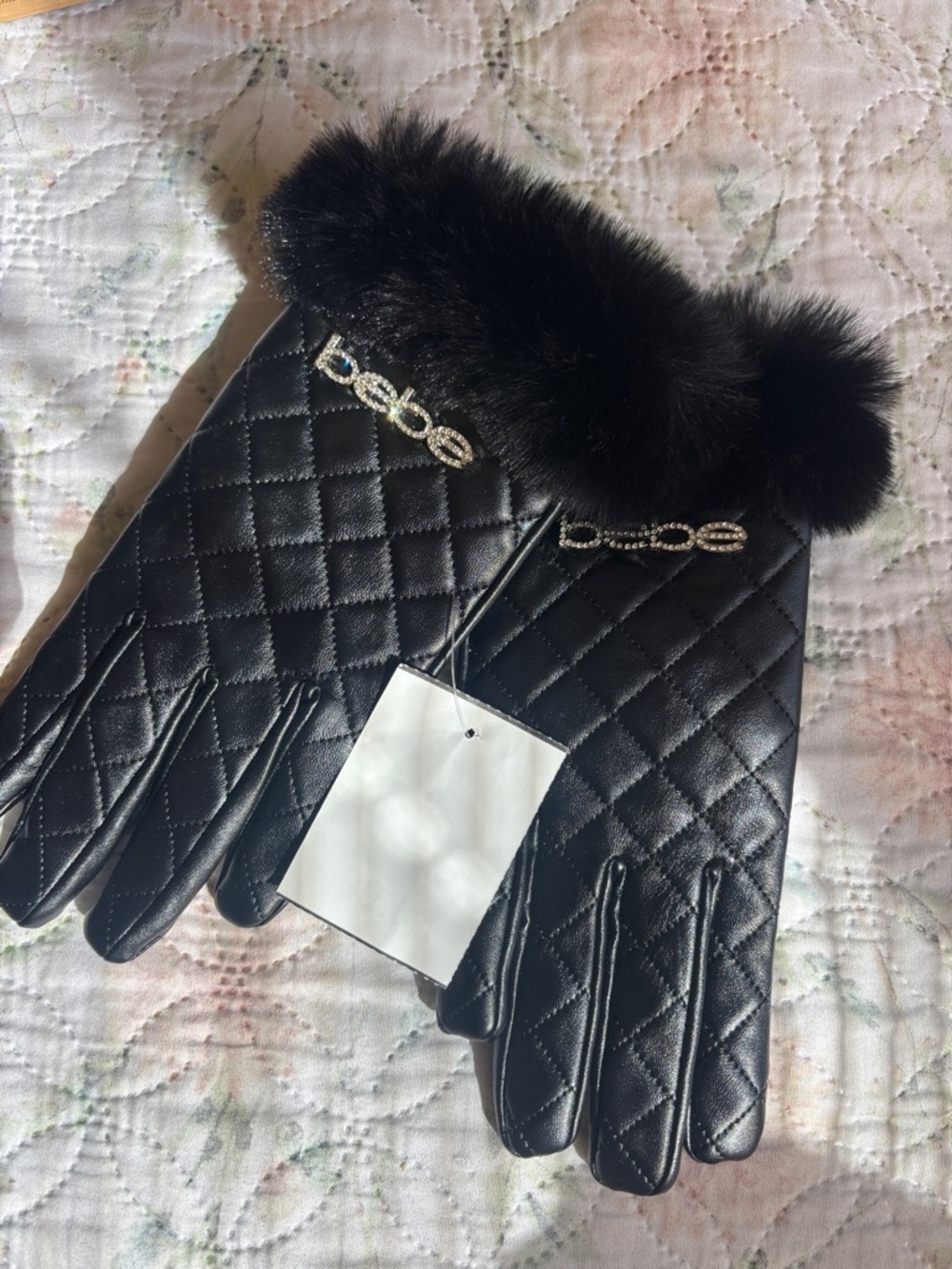 bebe Black Quilted Faux Leather Gloves with Fur Trim